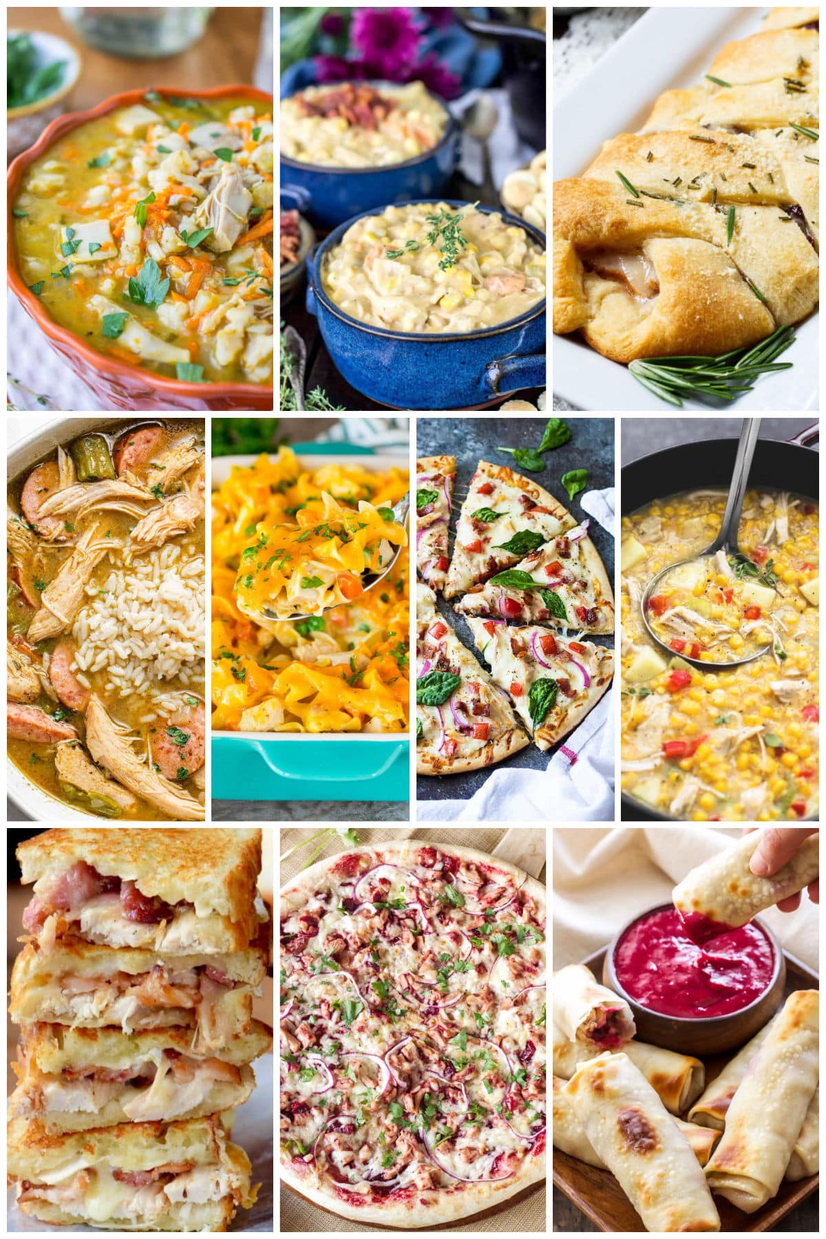 A group of recipes for turkey extras like turkey bacon ranch pizza, turkey casserole and turkey gumbo.