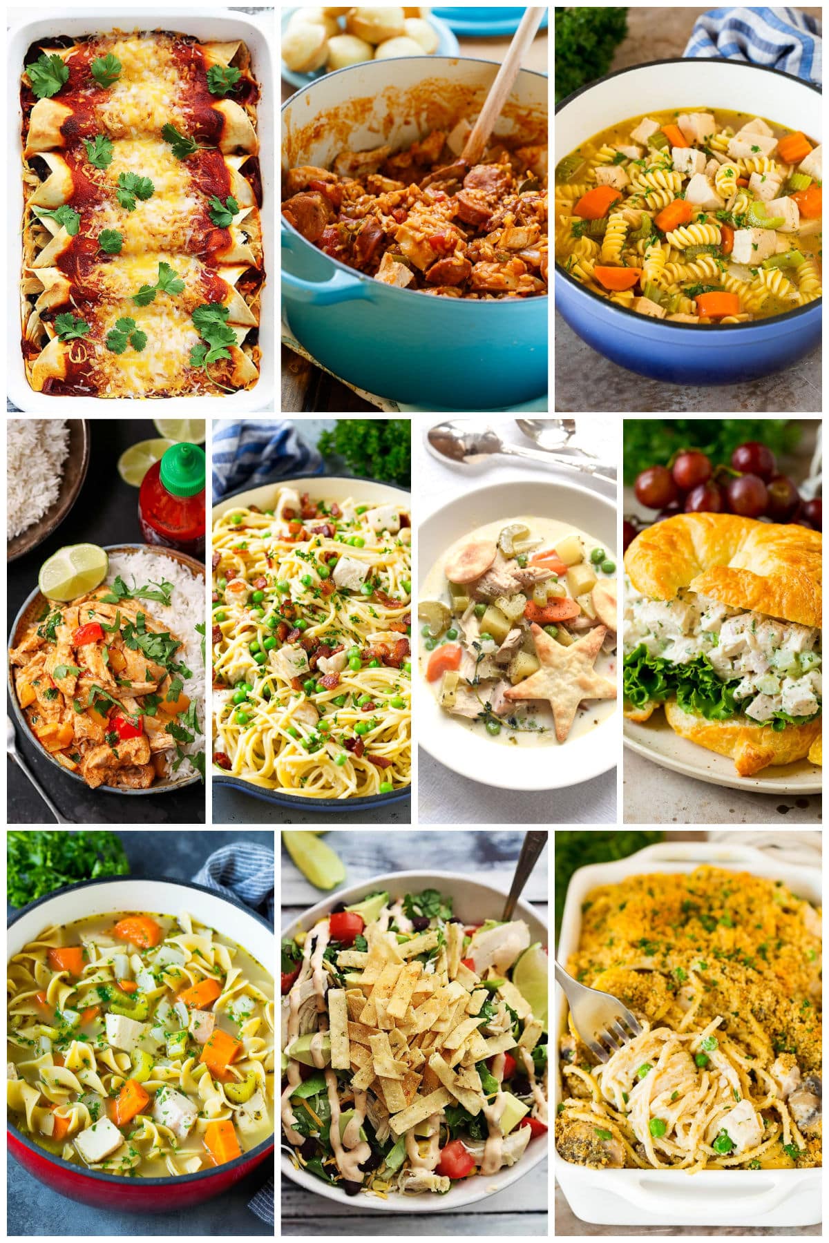 A group of  turkey meals like turkey pasta carbonara, turkey enchiladas and turkey curry.