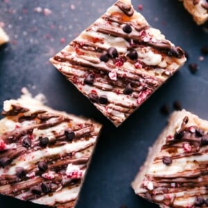 An image of three peppermint bark rice crispy treats.