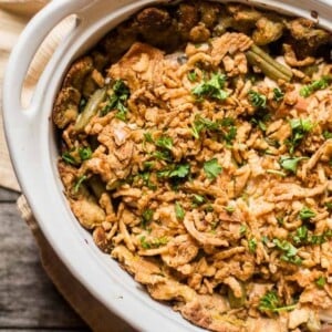 An image of casserole in a pot made with leftover turkey.