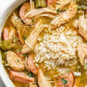 An image of gumbo in a bowl made with turkey meat and sausage.