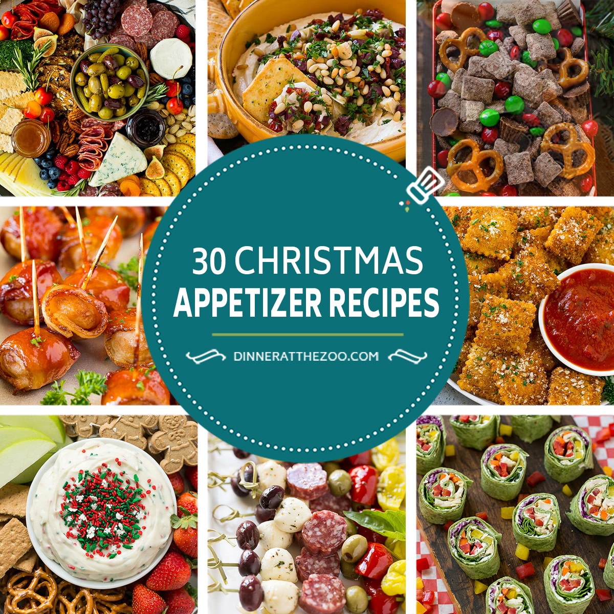 A collection of images of Christmas appetizer recipes such as veggie pinwheels, bacon wrapped water chestnuts and steak bites.