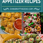 A group of Christmas appetizer recipes like reindeer chow, fried ravioli and Christmas cookie dough dip.