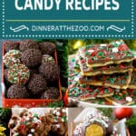 A collection of images of Christmas candy recipes like Christmas crack, crock pot candy and peanut brittle.