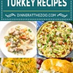 A collection of leftover turkey recipes including turkey shepherds pie, turkey tetrazzini and turkey noodle soup.