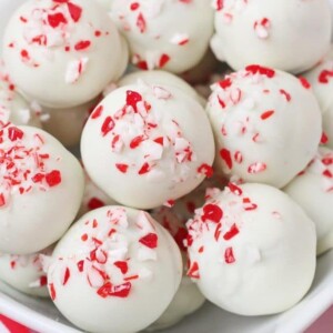 An image of peppermint Oreo truffles in a bowl.