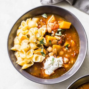 An image of butternut squash chickpea chili in a bowl.