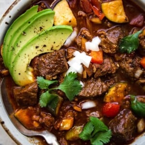 An overhead image of crockpot paleo chili.