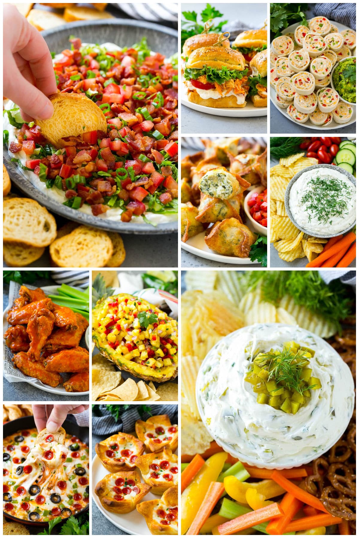A group of images of fantastic game day recipes like dill pickle dip, pineapple salsa and baked buffalo wings.