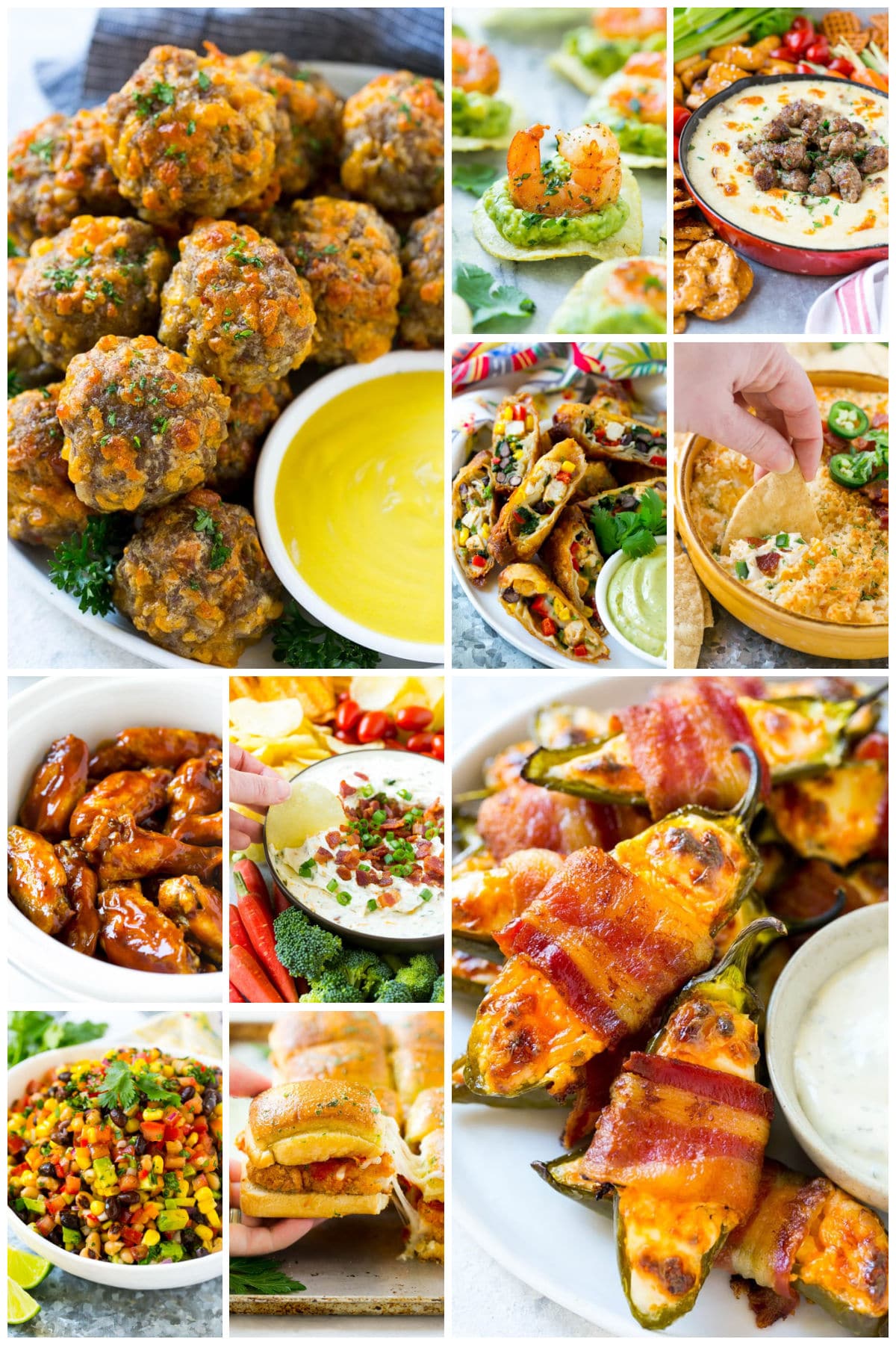 A collection of images of snacks like bacon wrapped jalapeno poppers, cowboy caviar and beer cheese dip.