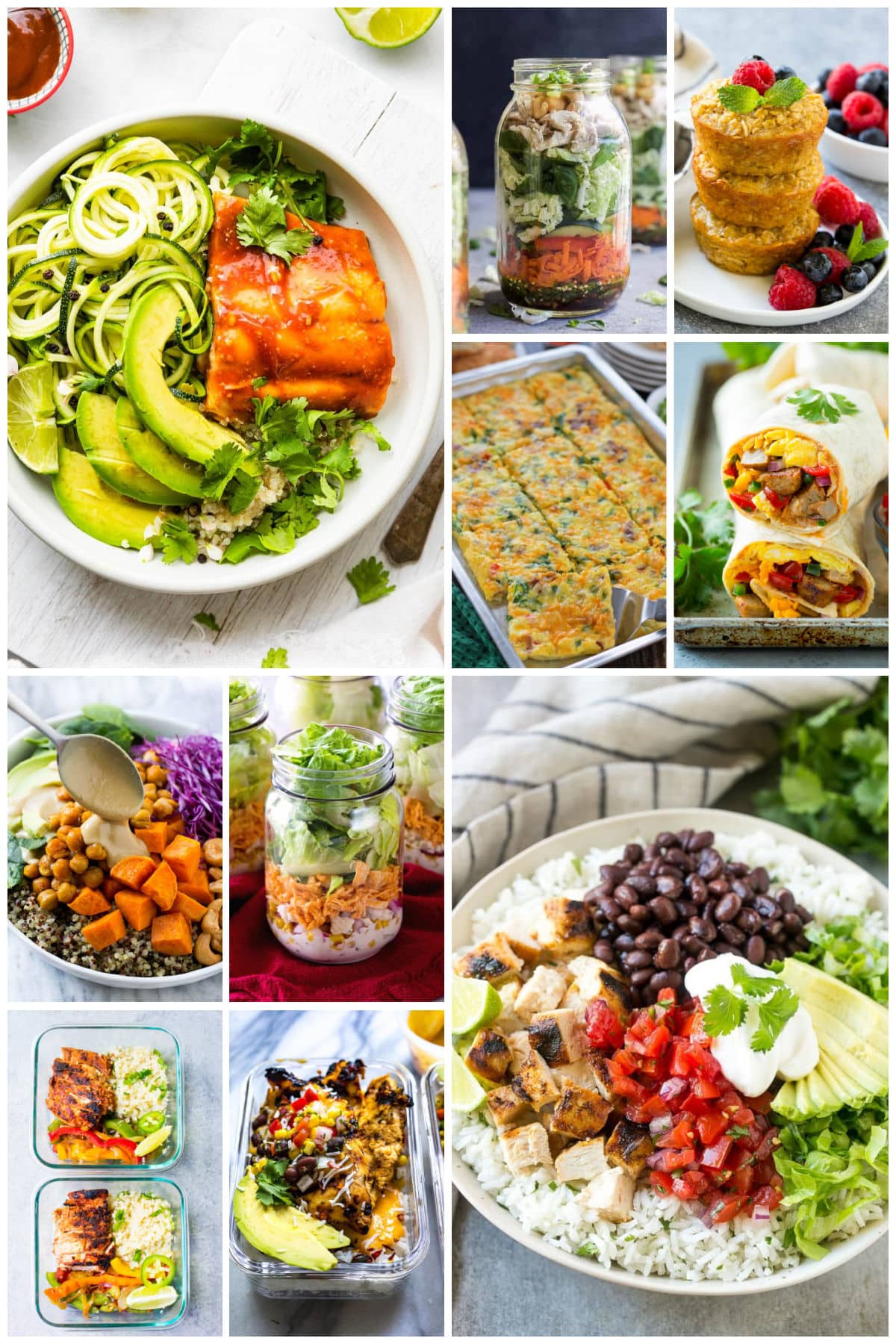 A group of pictures of delicious meal prep recipes like breakfast burritos, sheet pan omelets and sriracha meatballs.