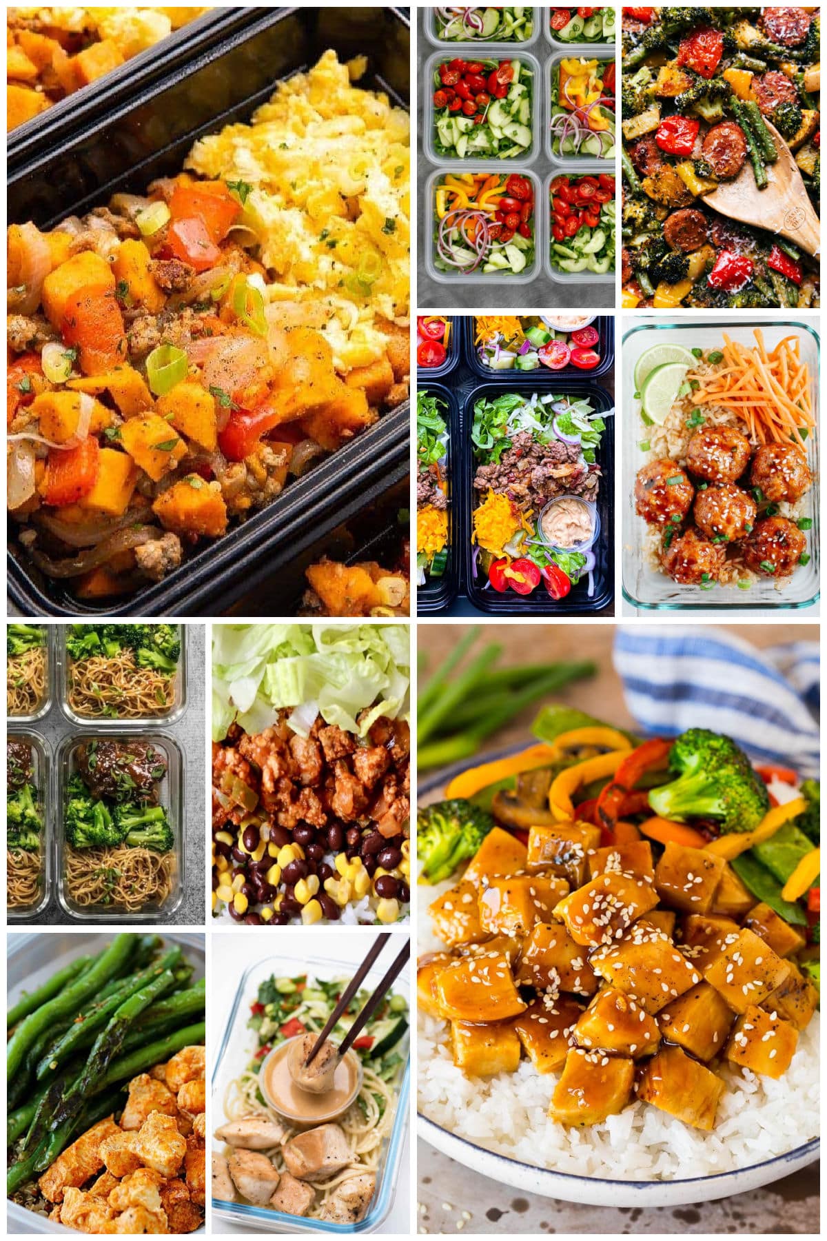 A collection of images of make ahead food like teriyaki chicken bowls, taco bowls and Thai peanut chicken.