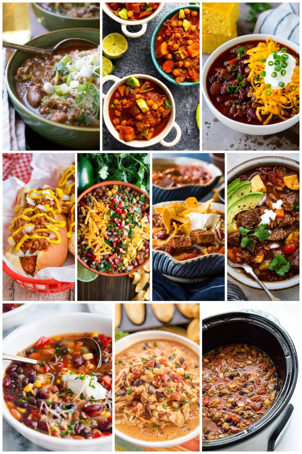 A group of simmered meat and bean dishes including hot dog chili, beefy black bean chili and hatch pepper chili.