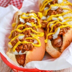 An image of hot dog chili on two hot dogs in a basket.