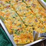 An image of omelet squares in a sheet pan.