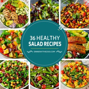 A group of pictures of healthy salad recipes like Greek salmon salad, three bean salad and grilled chicken salad.