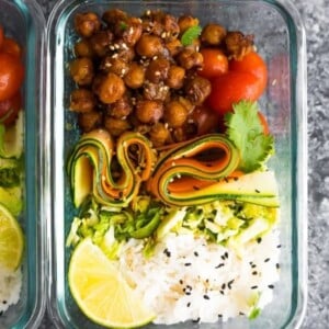 A picture of Korean style chickpeas with veggies and rice.