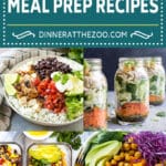 A collection of images of delicious meal prep recipes such as Korean beef bowls, buffalo chicken jars and chicken burrito bowls.