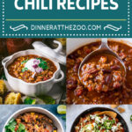 A collection of pictures of bowls of slow cooker chili recipes like chili with sausage, quinoa chili and buffalo chicken chili.