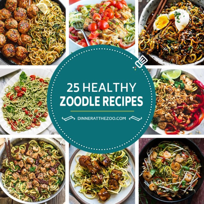 A group of healthy zoodle recipes such as Asian noodle bowls, crispy tofu zucchini noodles and kung pao chicken zoodles.