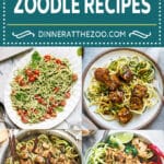 A collection of healthy zoodle recipes including garlic meatball zoodles, Thai peanut zucchini noodles and crispy tofu zoodles.