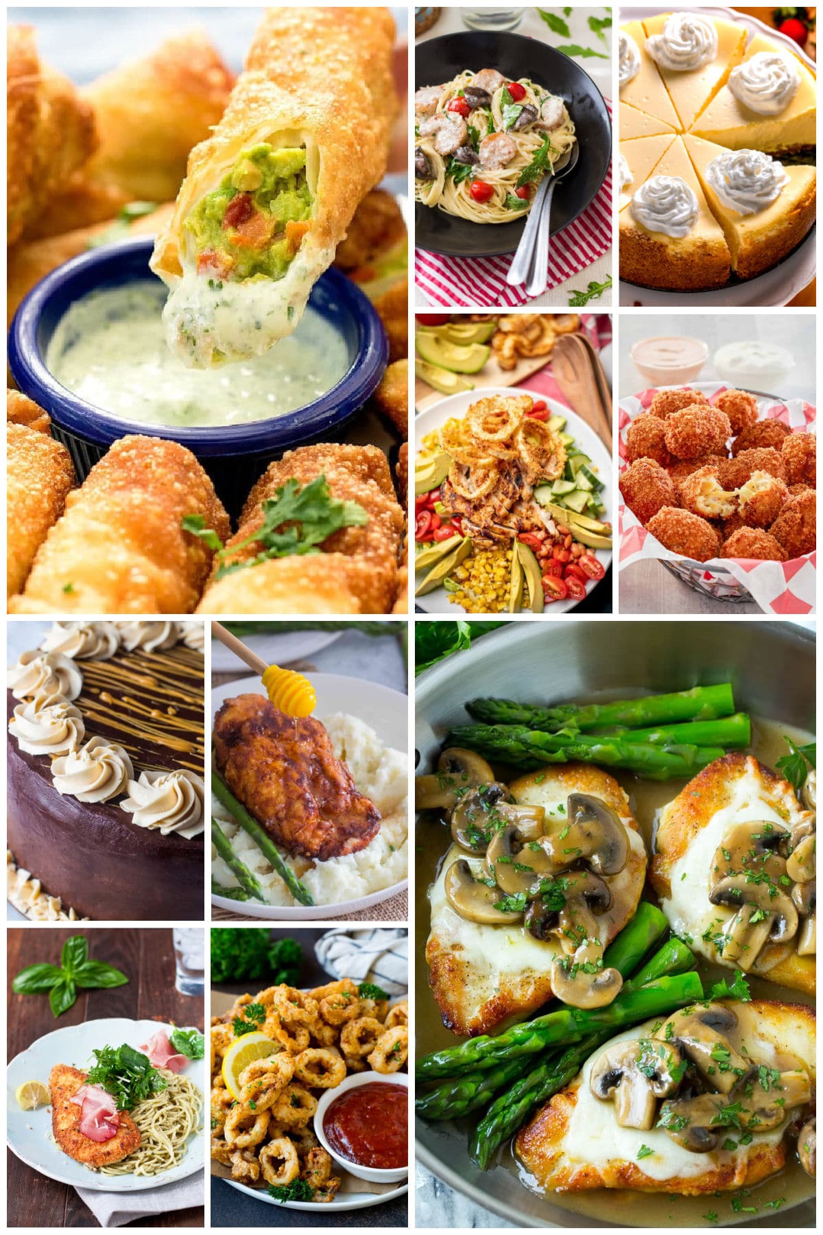 A group of images of Cheesecake Factory recipes including truffle honey chicken, fried calamari and avocado egg rolls.