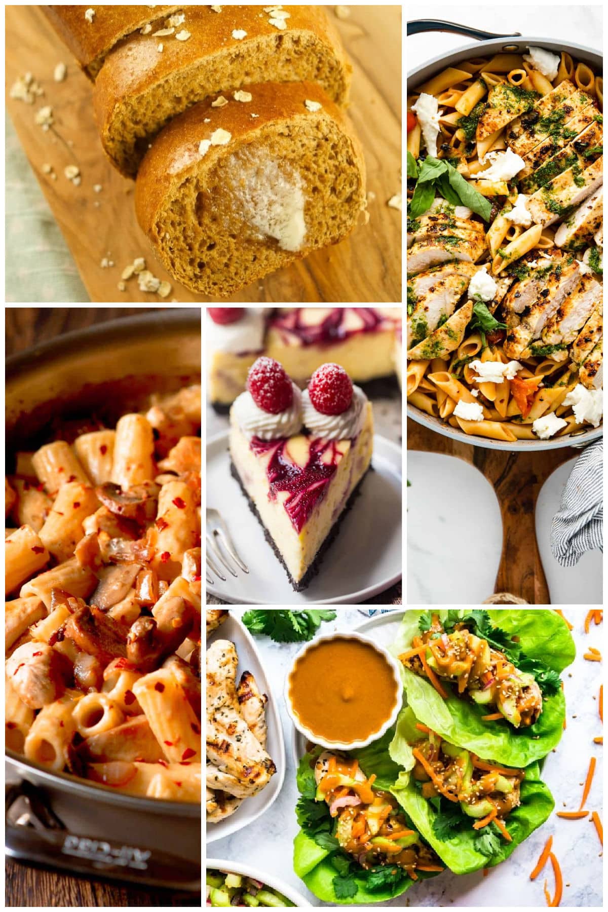 A collection of pictures of copycat recipes such as Thai lettuce wraps, white chocolate raspberry cheesecake and tomato basil pasta.