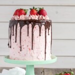 An image of a whole chocolate strawberry cake on a platter.