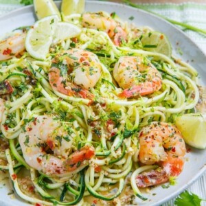 A picture of a plate of cilantro lime shrimp scampi.