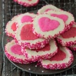 An image of slice and bake Valentine's Day cookies with heart shapes in them.