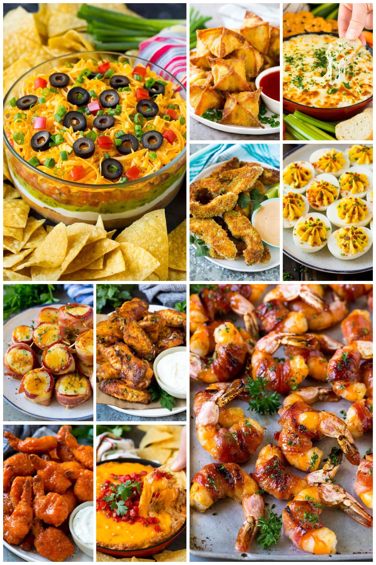 A group of images of Super Bowl appetizer recipes like bacon wrapped scallops, bean dip and bacon deviled eggs.