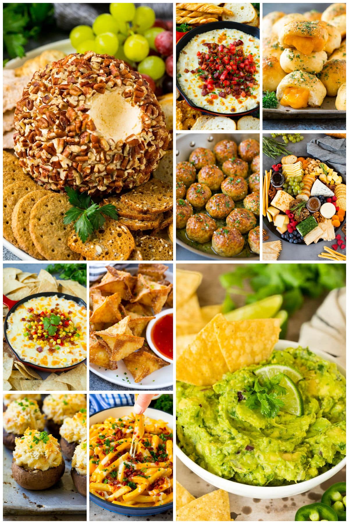 A group of Super Bowl appetizer recipes such as a cheese board, cheese bombs and corn dip.