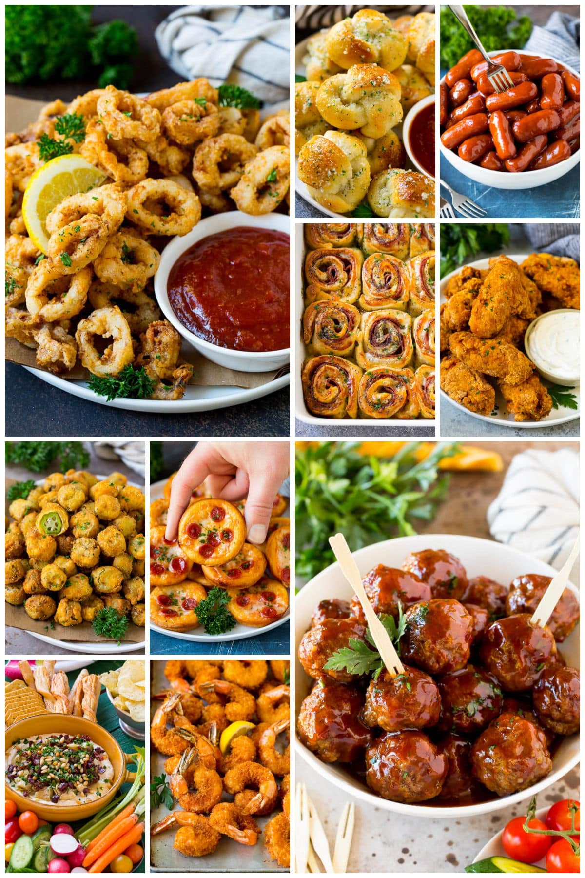 A group of images of snacks for the big game like fried calamari, mini pizzas and little smokies.