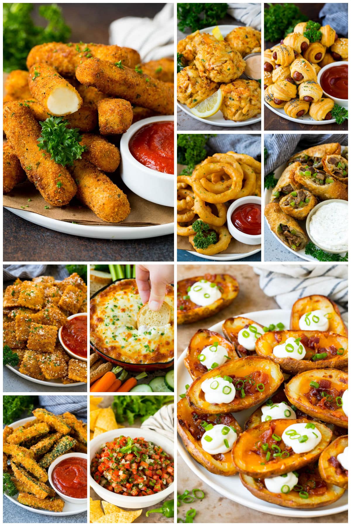 Several images of dishes for the big game like mozzarella sticks, potato skins and fried zucchini.