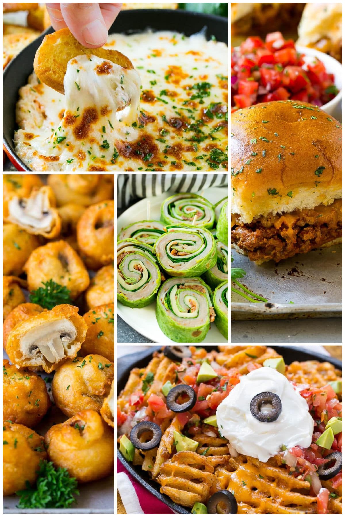 Images of snacks for the big football game such as fried mushrooms, turkey roll ups and taco sliders.