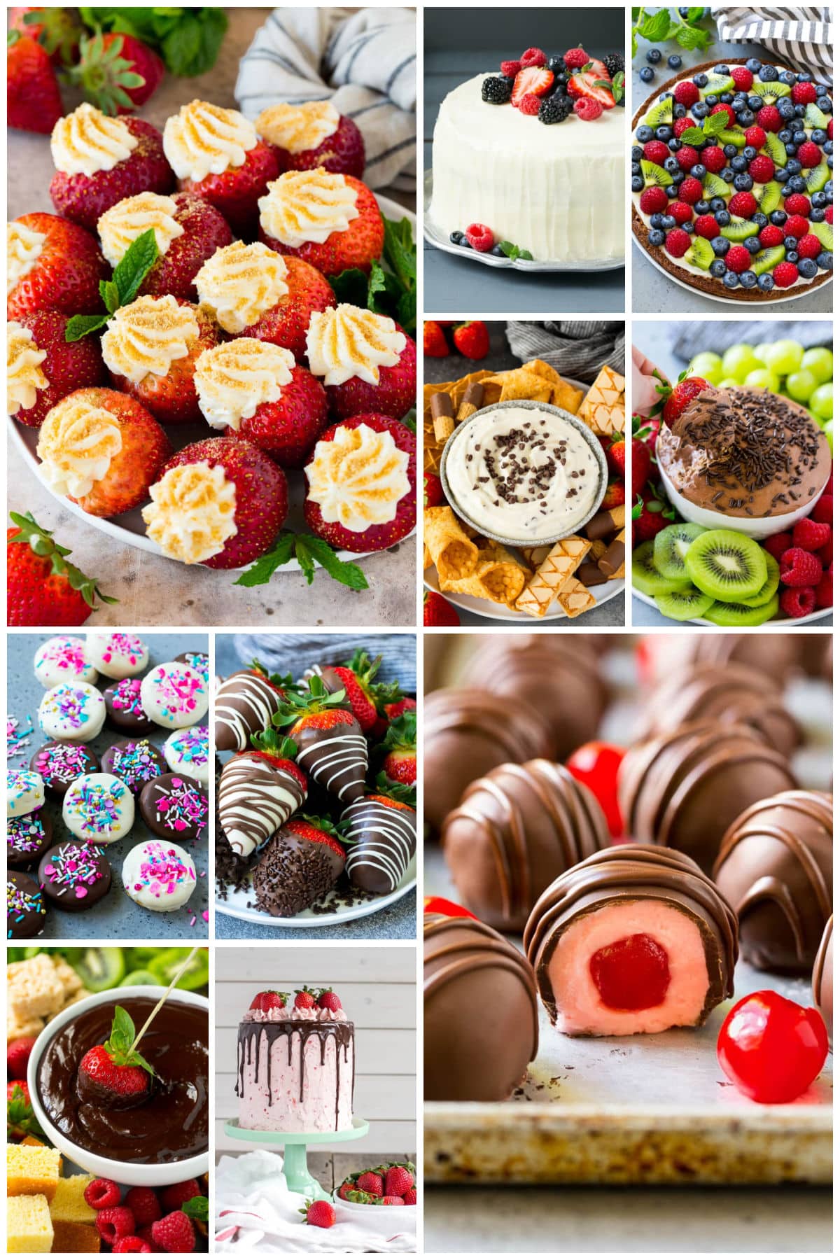 A collection of Valentine's Day dessert recipes including chocolate covered cherries, chocolate fruit dip and berry Chantilly cake.