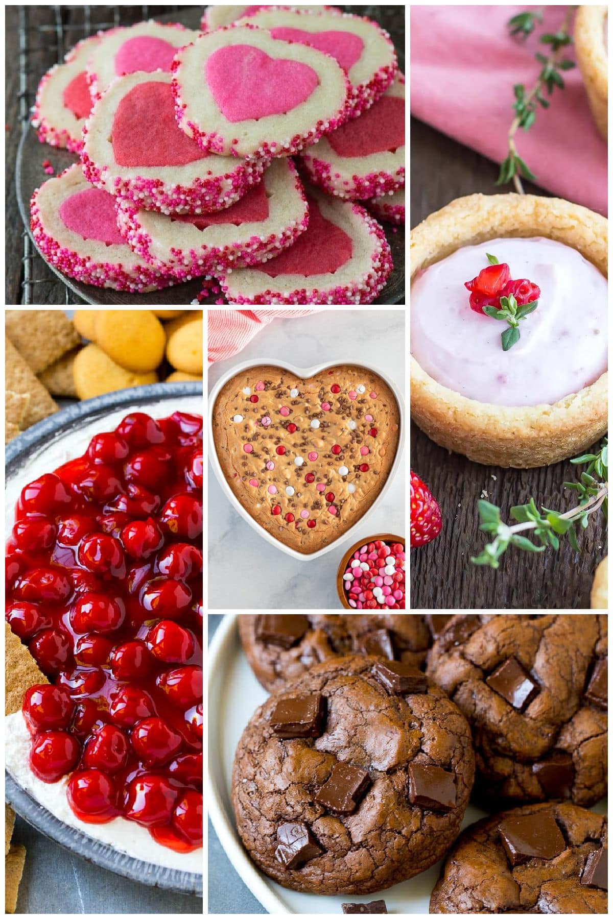 Several romantic desserts such as cherry cheesecake dip, brownie cookies and strawberry cheesecake cups.