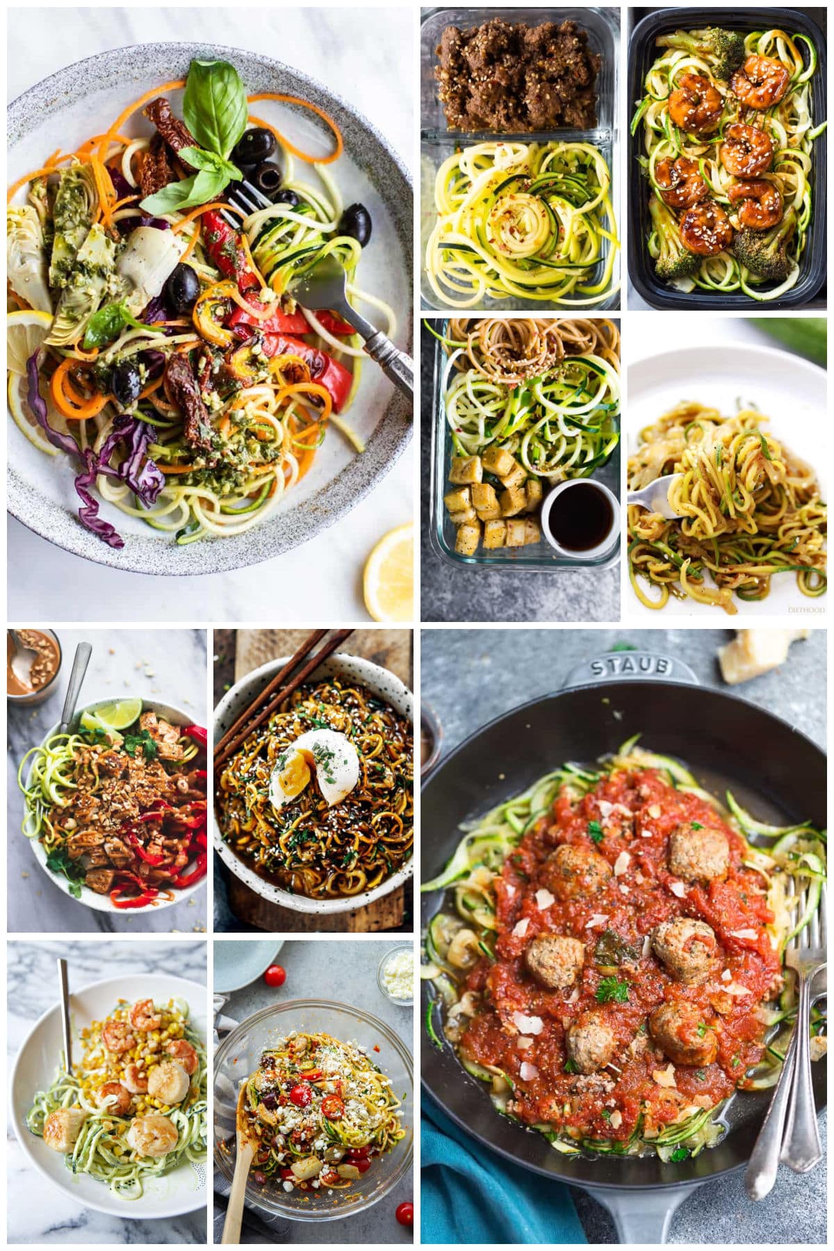 A group of lighter zucchini noodle recipes like sesame ginger zucchini noodles, shrimp teriyaki zoodles and Mediterranean zucchini noodle salad.
