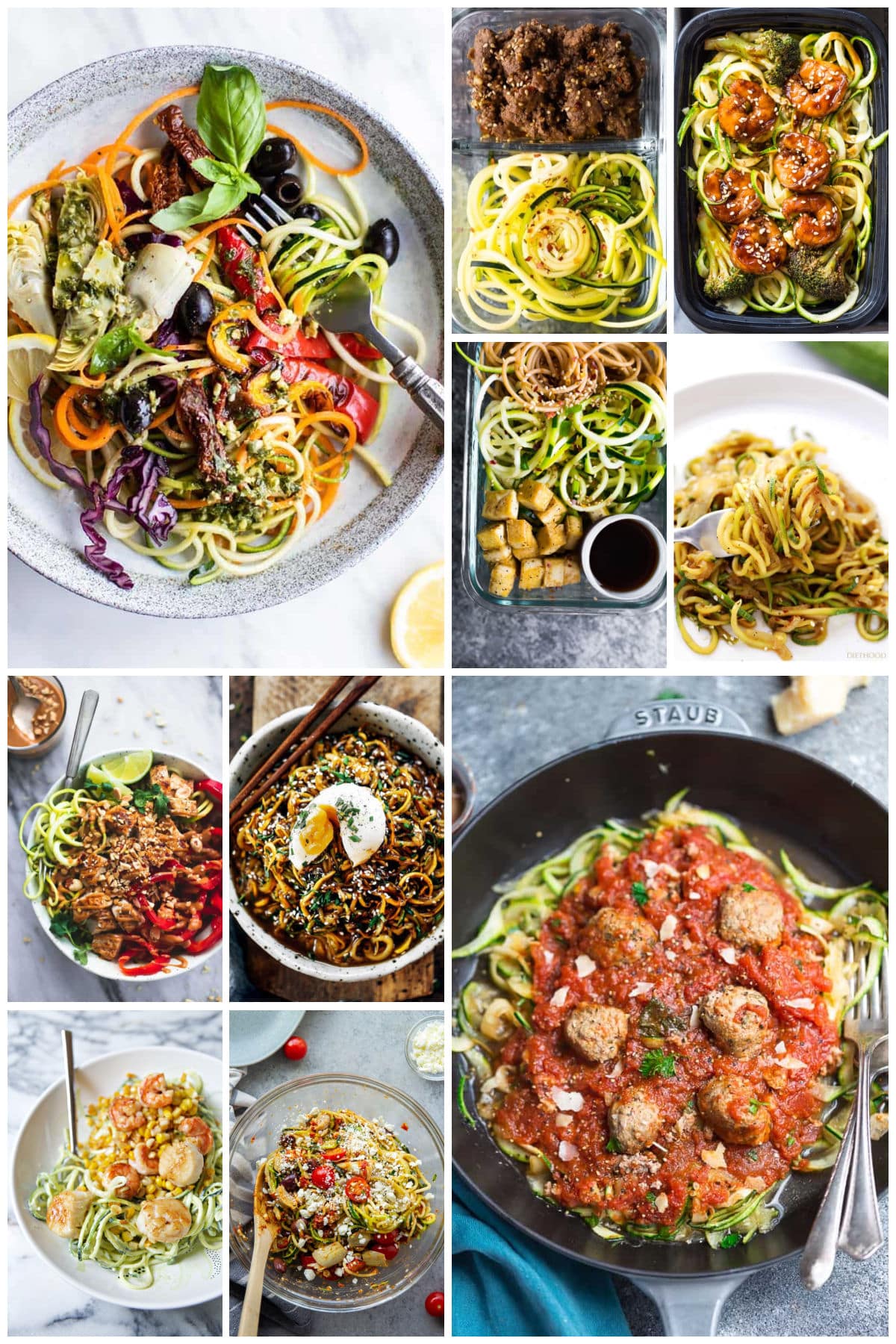 A group of lighter zucchini noodle recipes like sesame ginger zucchini noodles, shrimp teriyaki zoodles and Mediterranean zucchini noodle salad.