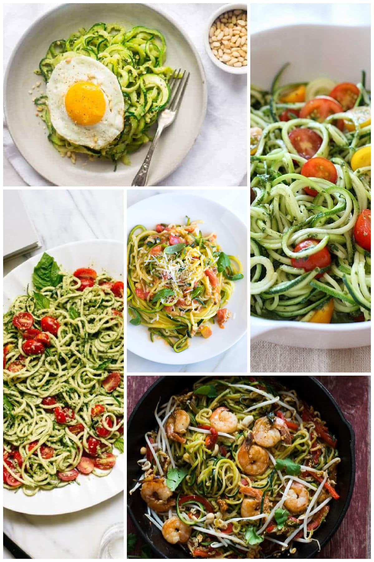 Several images in a group of nutritious zucchini noodle dishes like zucchini pesto noodles, garlic parmesan zucchini noodles and zucchini noodle pad Thai.