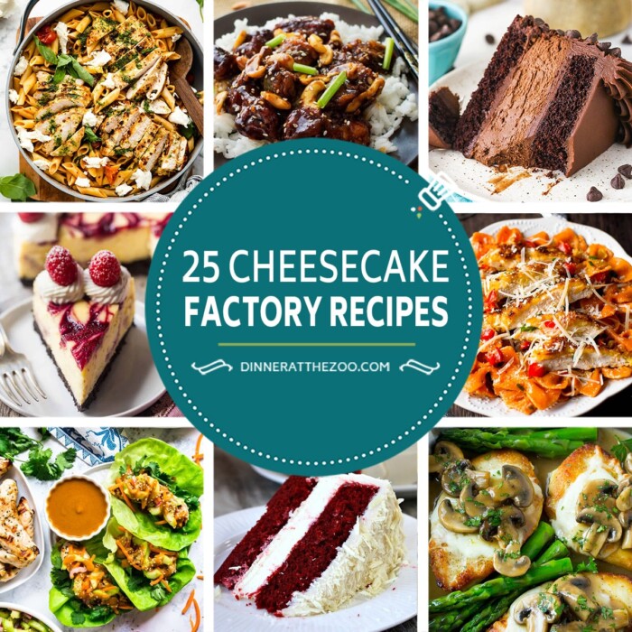A group of Cheesecake Factory recipes including chicken madeira, red velvet cheesecake and spicy cashew chicken.