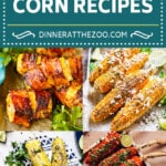 Several pictures of delicious corn on the cob recipes like grilled corn, Flaming Hot Cheetos elote and Cajun corn on the cob.