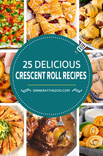 A group of images of delicious crescent roll recipes like veggie pizza, pigs in a blanket and jalapeno popper puffs.