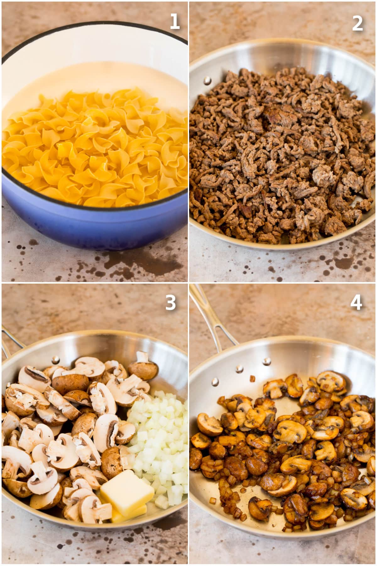 Step by step shots showing how to cook noodles and brown beef and mushrooms.