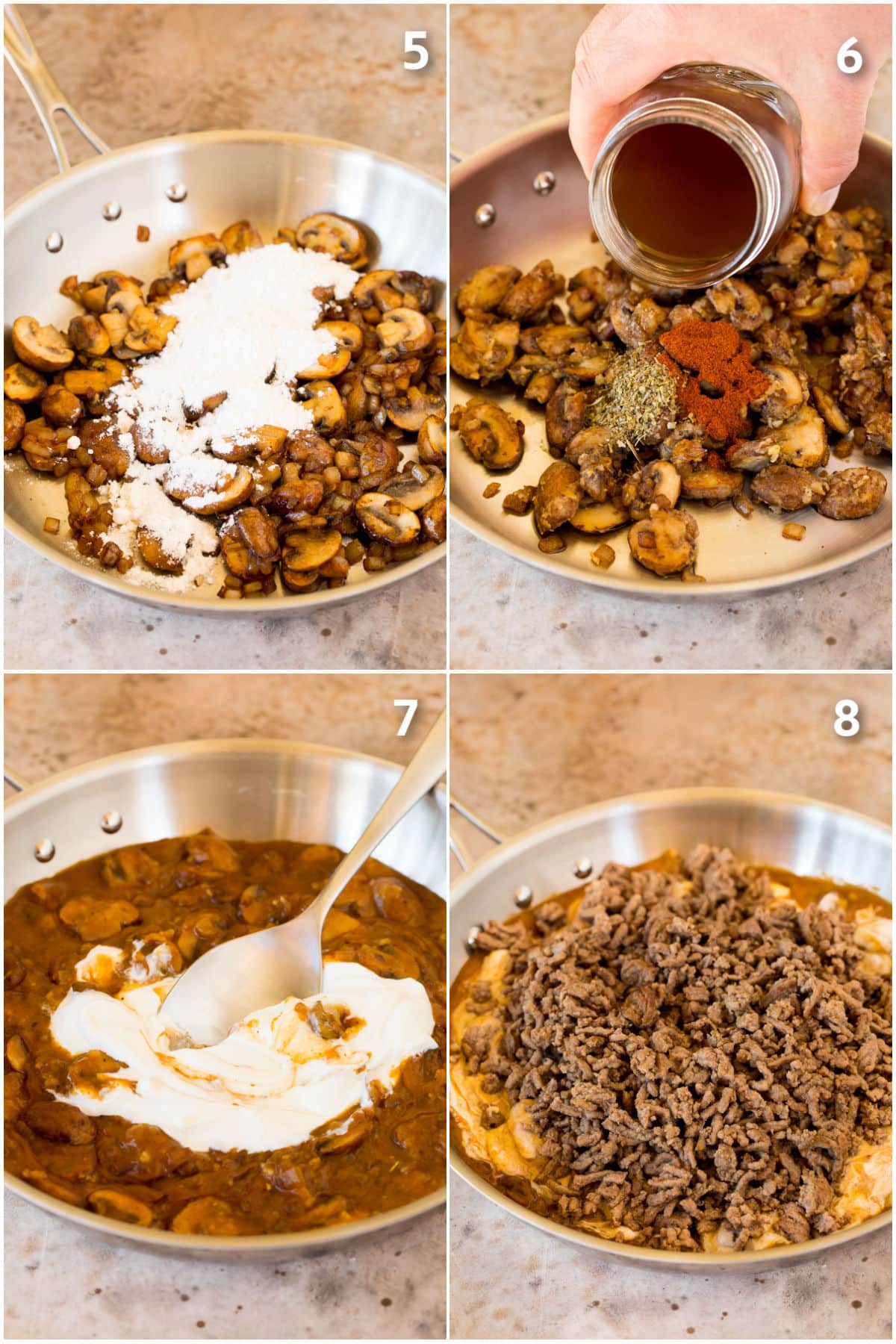 Process shots showing how to make ground beef stroganoff.