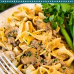 This ground beef stroganoff is a mix of hamburger meat and mushrooms, all in a creamy sauce with egg noodles.