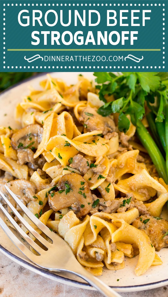 This ground beef stroganoff is a mix of hamburger meat and mushrooms, all in a creamy sauce with egg noodles.