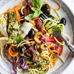 A picture of a plate of Italian zucchini noodle salad.