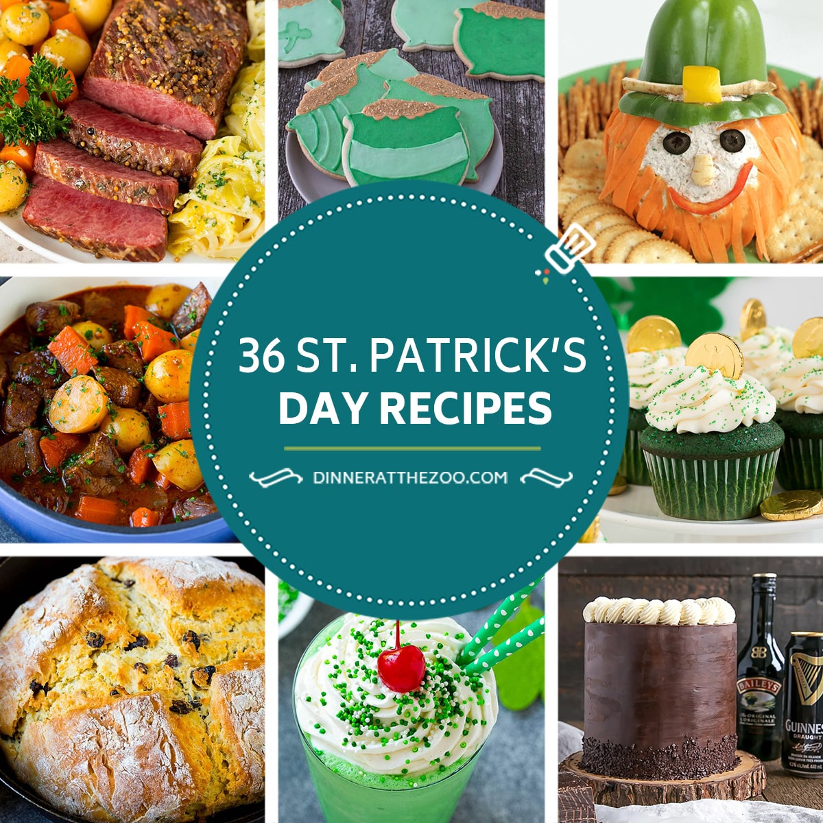 A group of images of delicious St. Patrick's day recipes such as Irish soda bread, Irish stew and instant pot corned beef.