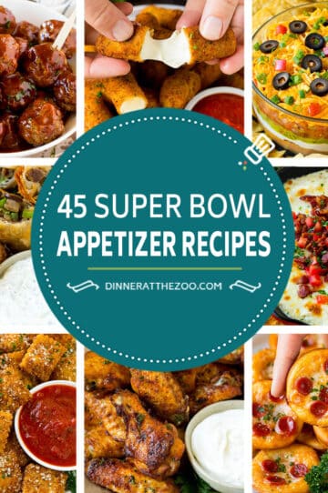 Several pictures of Super Bowl appetizer recipes including 7 layer dip, baked chicken wings and Philly cheesesteak eggrolls.